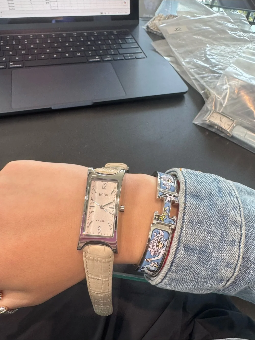 New Vintage Ecclissi rectangular steel watch w/  cream gator strap
